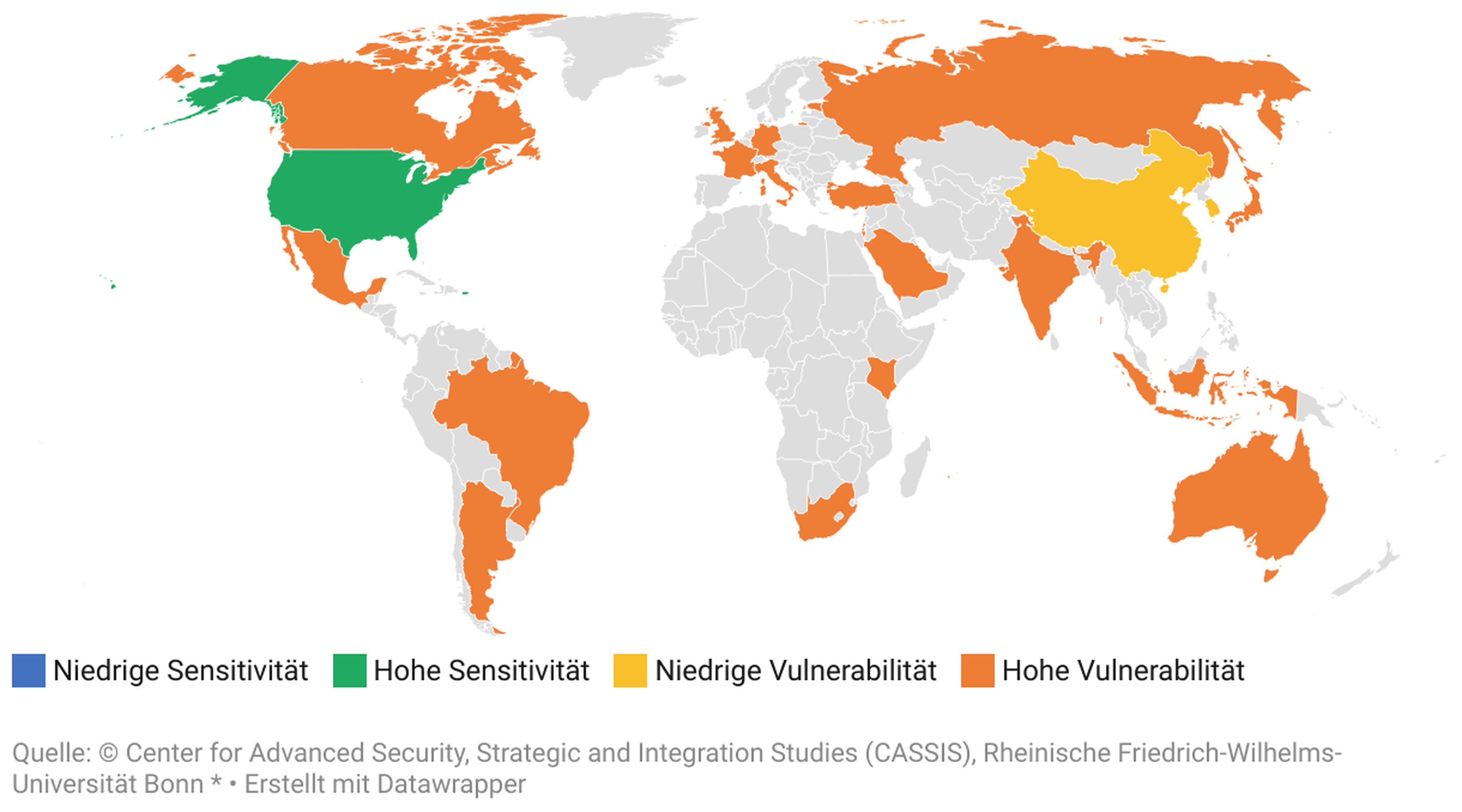 Zu sehen ist eine Weltkarte, mit verschieden eingefärbten Ländern. Die Farben deuten auf die Vulnerabilität hin.