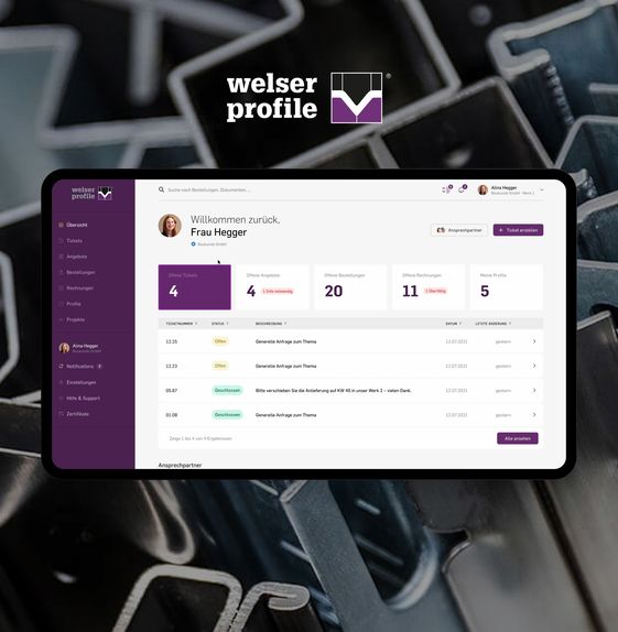 Tablet displaying a Welser Profile dashboard example, set against a metal background with the Welser Profile logo.
