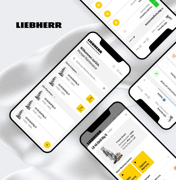 Smartphones displaying a Liebherr app interface with product listings and details on a textured white background.