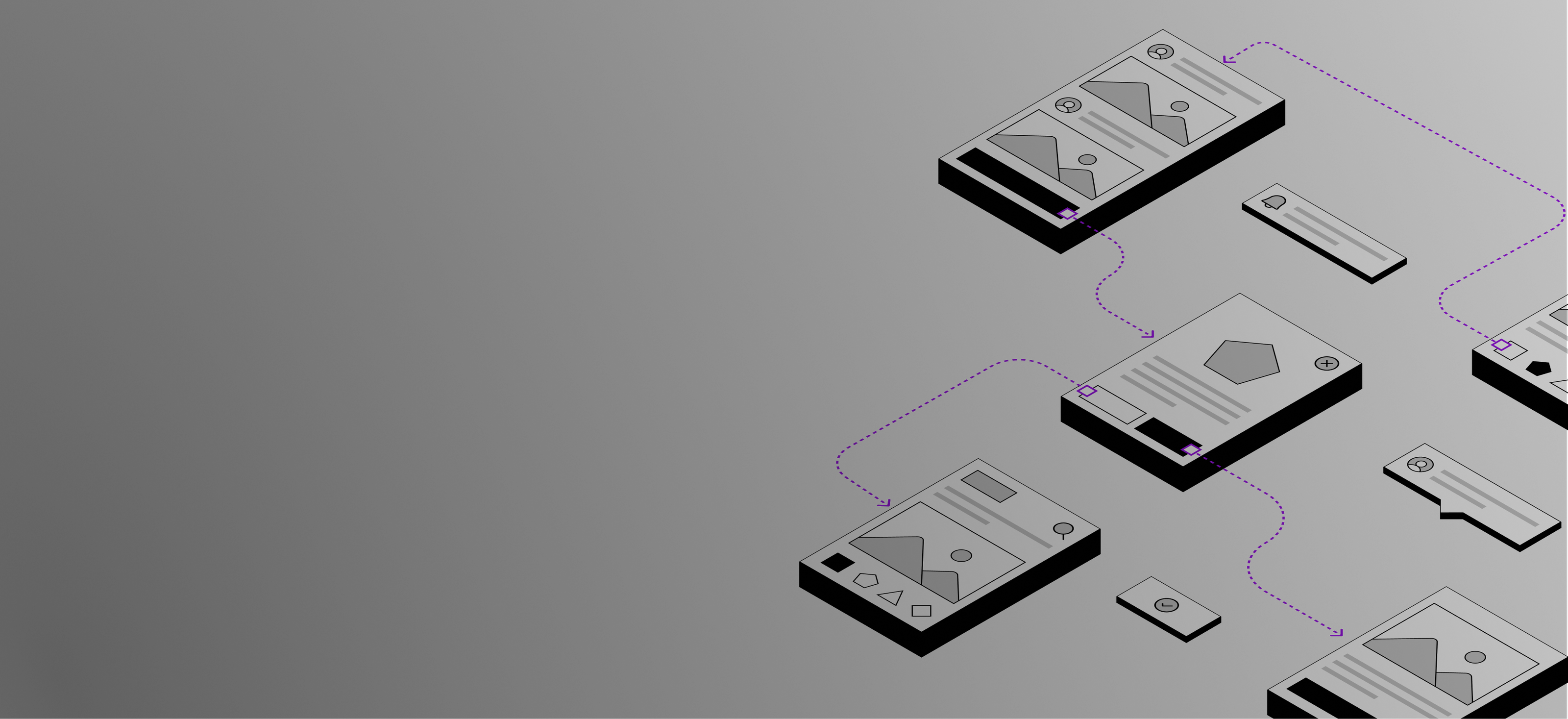 Isometric prototyping diagram, showing connected digital interface components with purple lines.