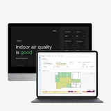 A desktop displays "Indoor air quality is good," while a laptop shows a detailed air quality dashboard with building maps and data.