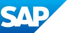 SAP logo with bold white letters on a blue gradient background, featuring a black diagonal corner on the right side.