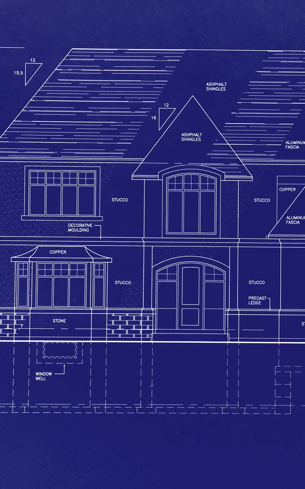Blueprint of a two-story house featuring stucco walls, asphalt shingle roof, decorative molding, copper accents, and detailed architectural notes.