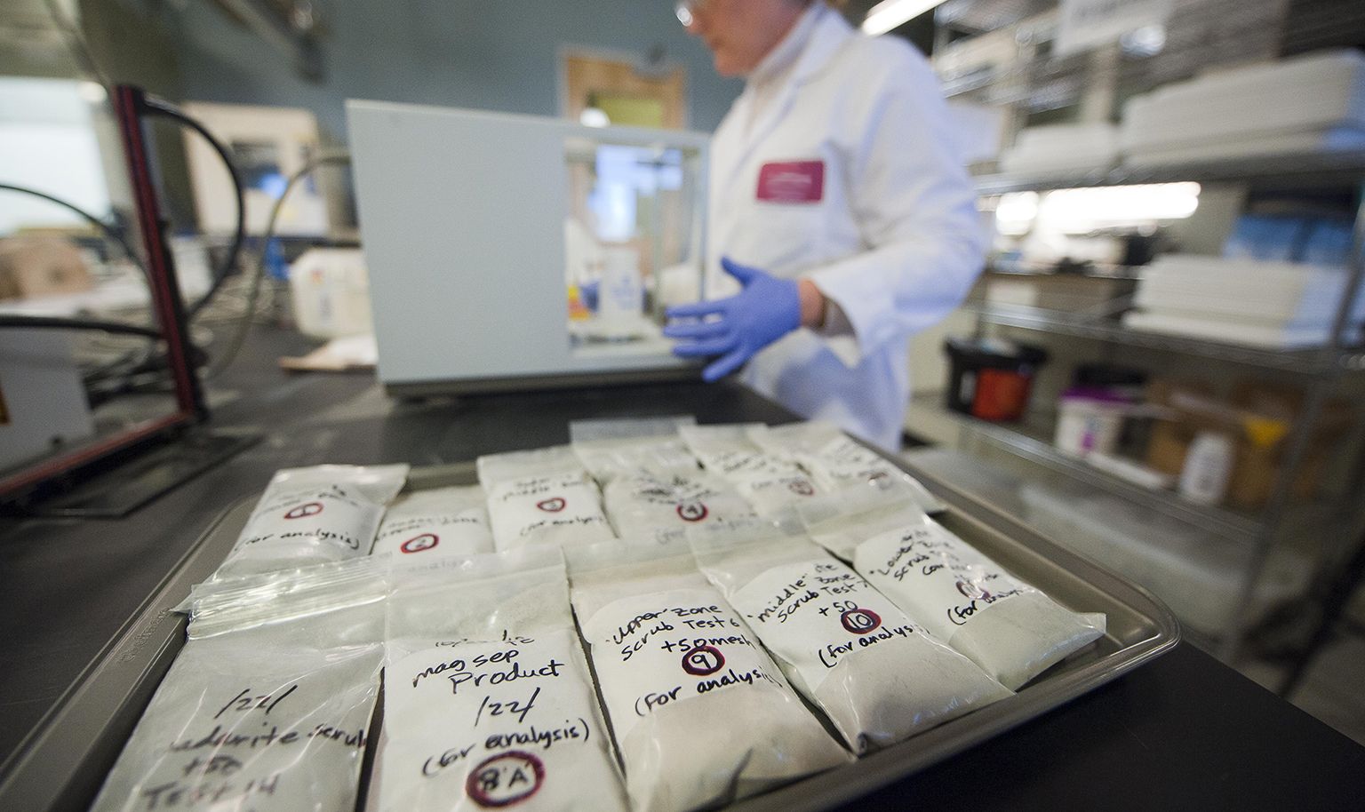 A tray of sample bags waiting to be tested at the U.S. Borax laboratory