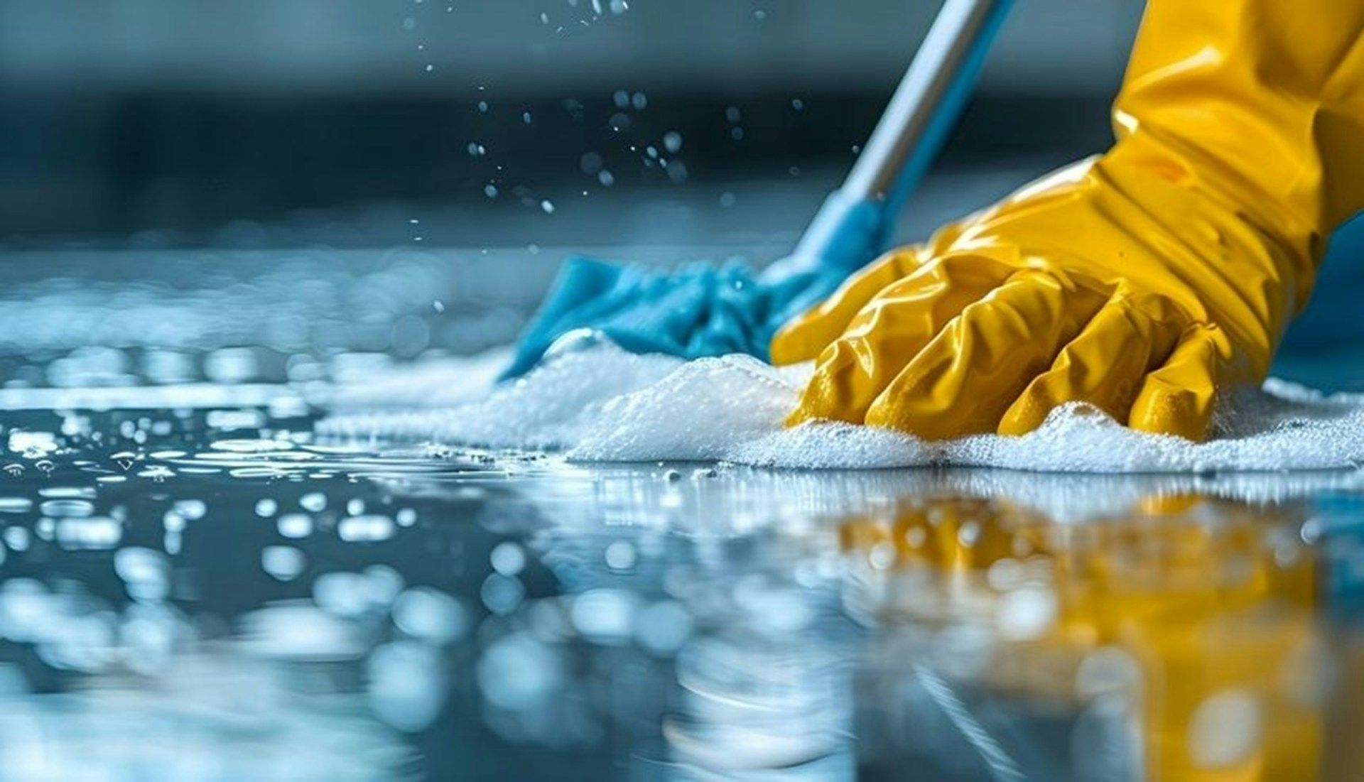 Gloved hands mopping a wet floor with a blue mop, creating suds and splashes of water.