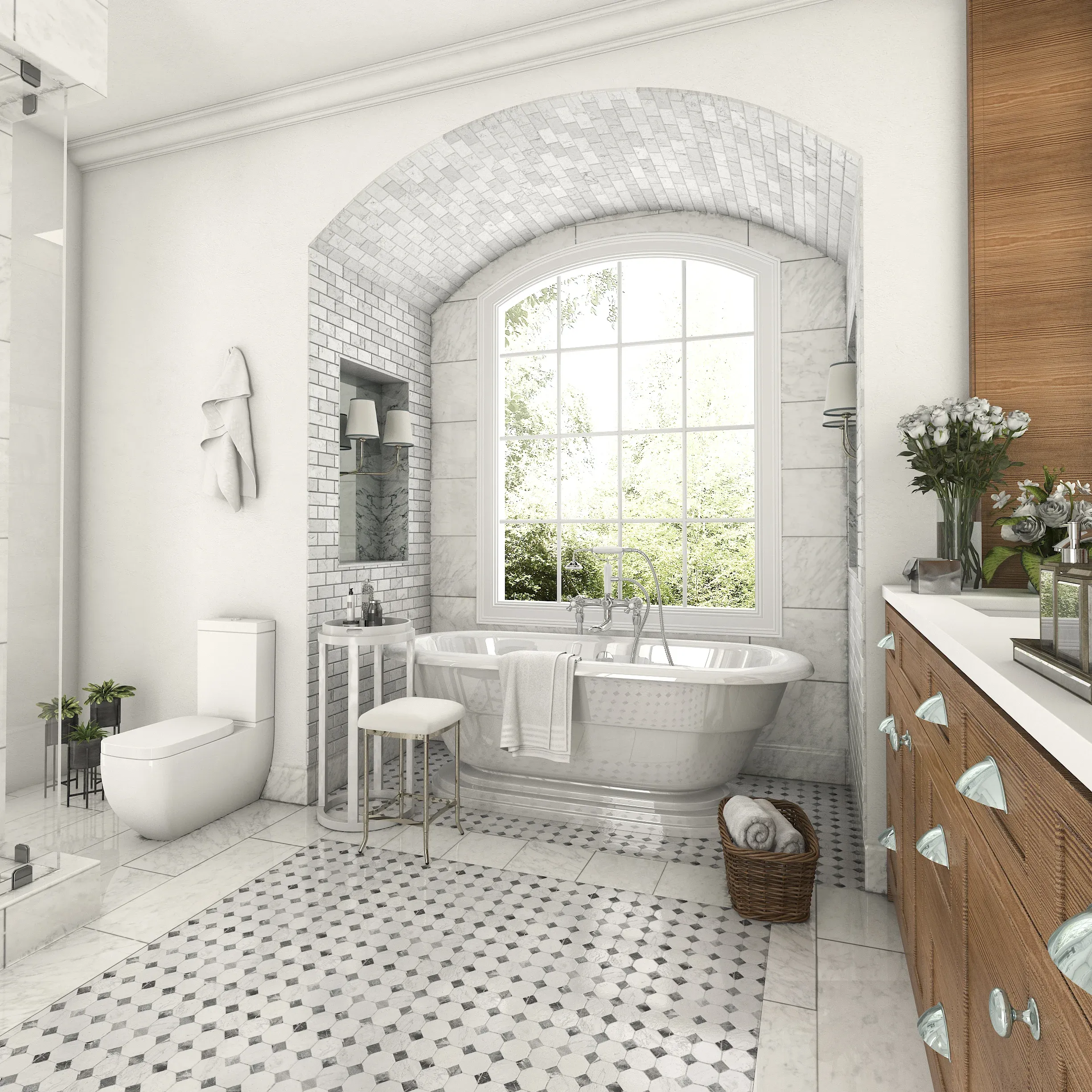 Luxurious bathroom with a white freestanding tub under a large window, marble tiles, a wooden vanity, and elegant décor.