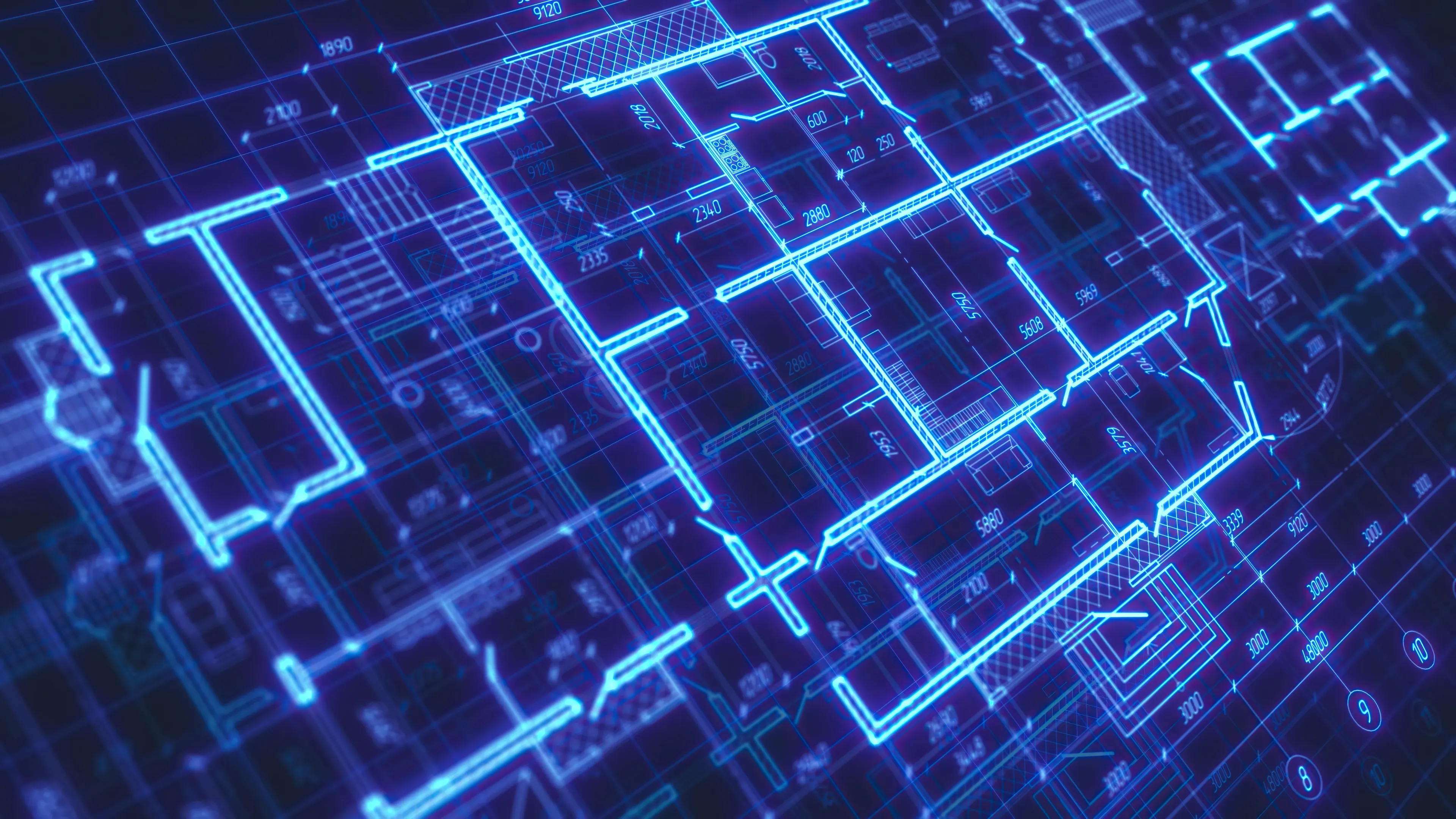 A glowing blue architectural floor plan with various measurements and room labels on a dark background, giving a futuristic appearance.