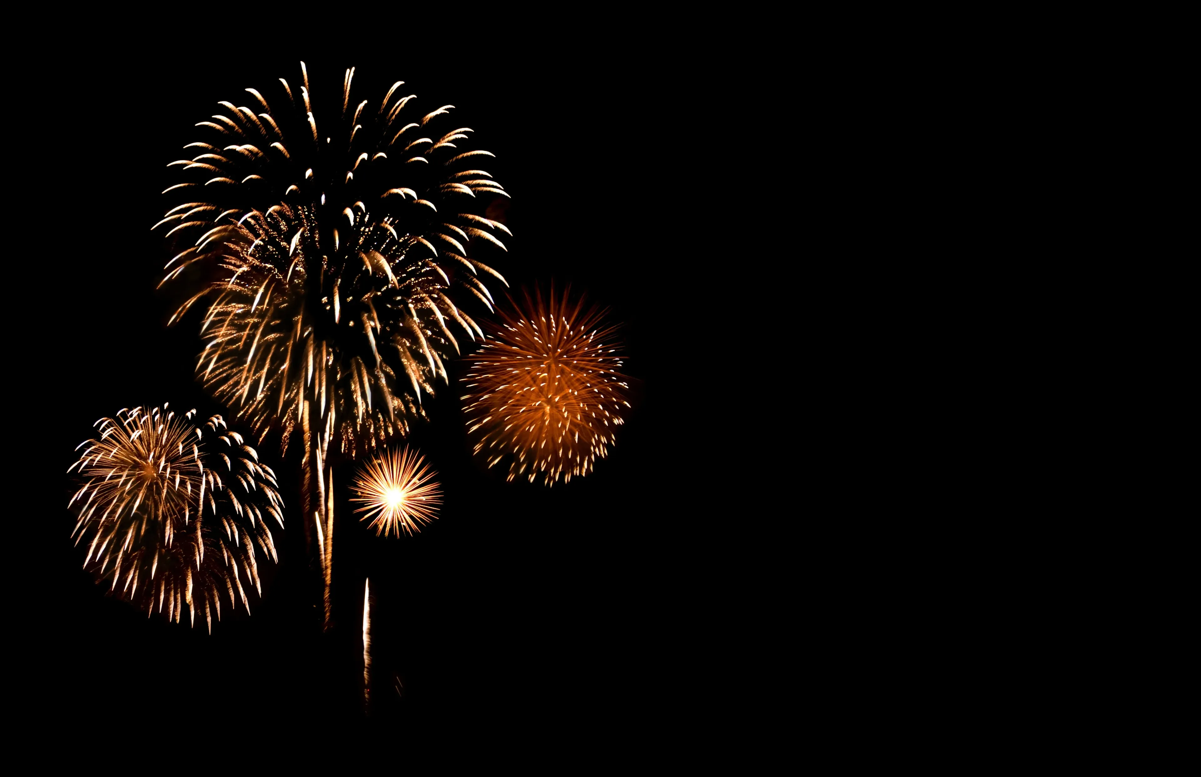 Colorful fireworks burst in the night sky, displaying bright orange and white patterns against a dark backdrop.