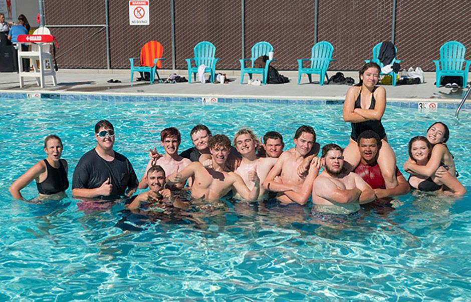 Boron high school students swim in the newly refurbished swimming pool in Boron, California
