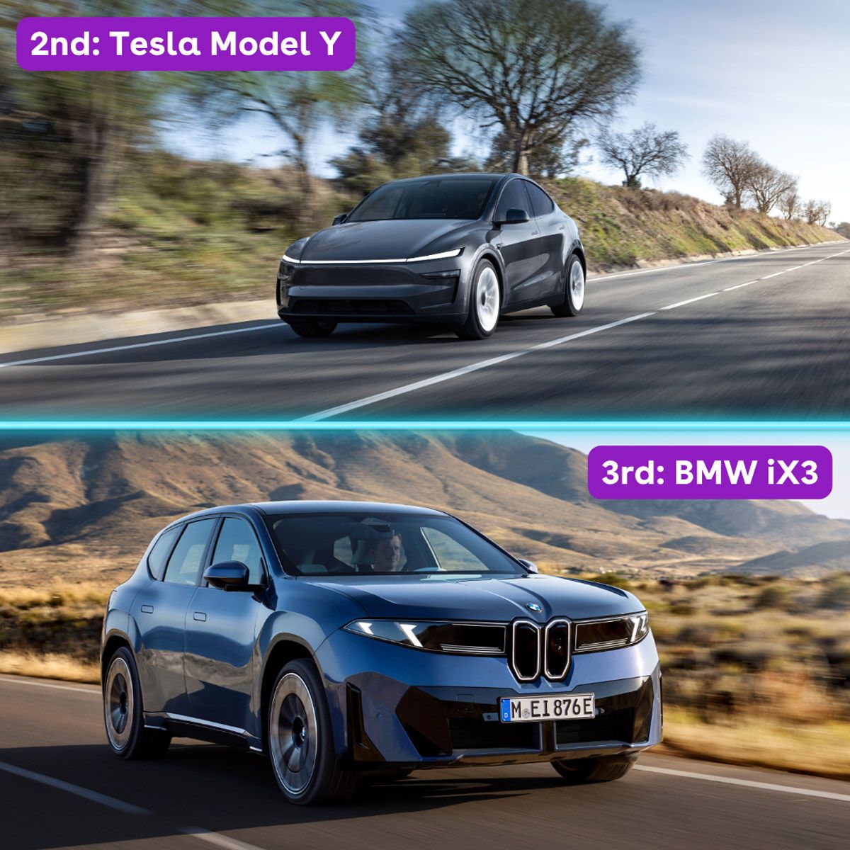 Two cars on roads: a black Tesla Model Y in second place, and a BMW iX3 in third, driving through scenic landscapes.