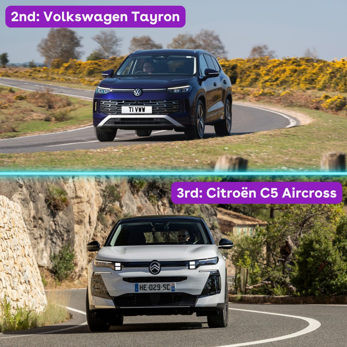 Two cars on a scenic road: a blue Volkswagen Tayron in second place and a white Citroën C5 Aircross in third.