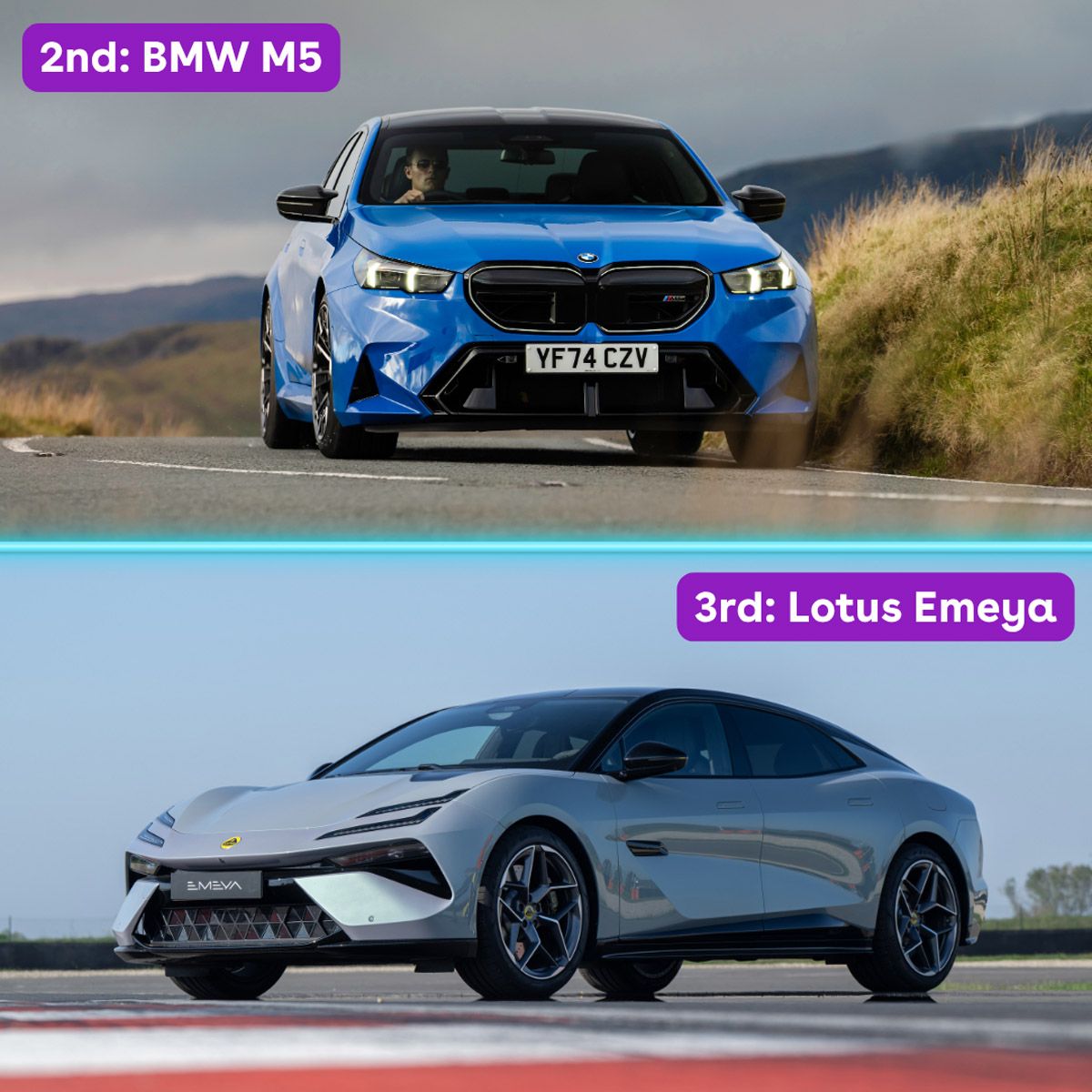 Top image: Blue BMW M5 driving on a road. Bottom image: Silver Lotus Emeya parked on a track. Labels indicate their rankings.