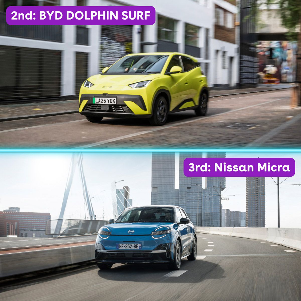 Two cars driving in urban settings: a yellow BYD Dolphin Surf and a blue Nissan Micra, labeled 2nd and 3rd respectively.