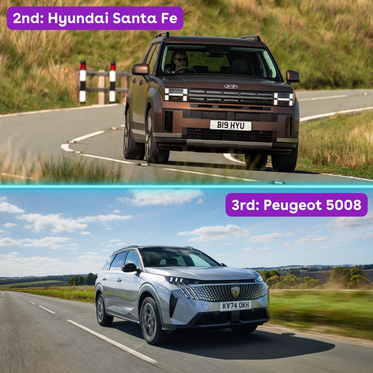 Hyundai Santa Fe and Peugeot 5008 driving on scenic roads, labeled 2nd and 3rd respectively.