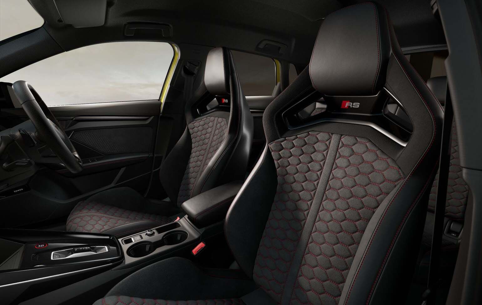 Audi A3 interior in Dinamica microfibre/leather, honeycomb, bucket seats: Black/Express Red