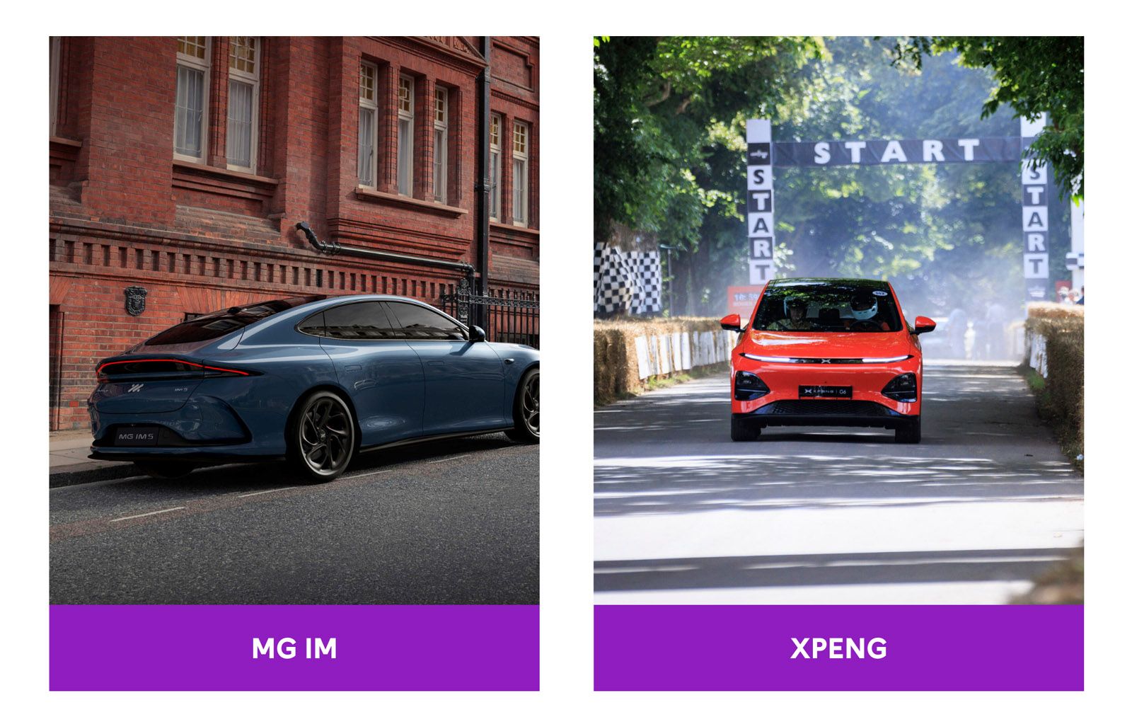 Side-by-side cars: blue MG IM parked by a brick building, red XPENG at a race start line amidst greenery.