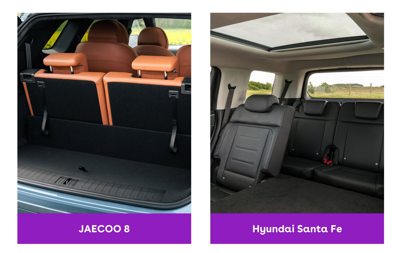 Comparison of the rear seating and trunk space of a Jaecoo 8 and Hyundai Santa Fe, showing distinct upholstery and seat configurations.