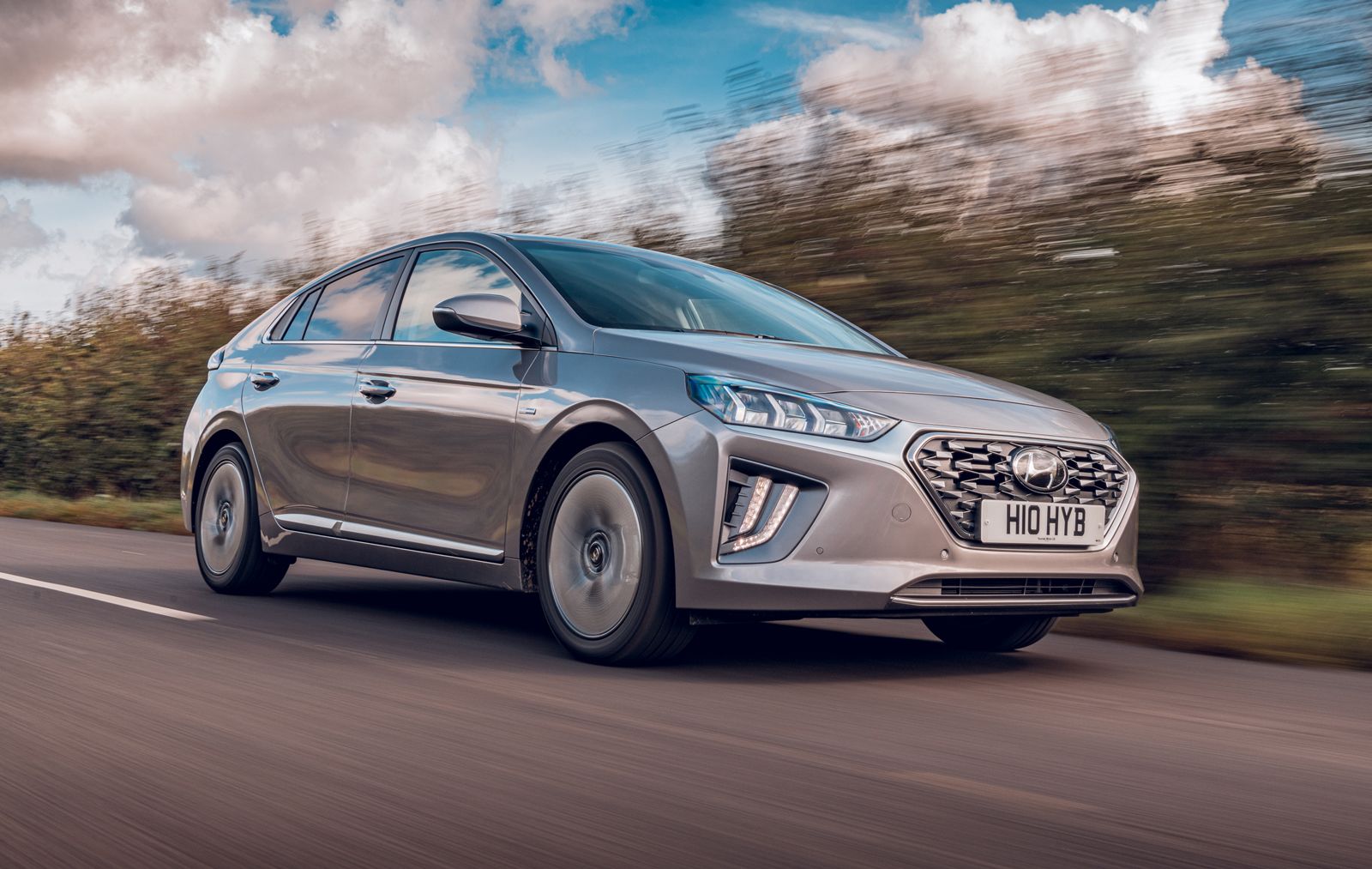 A silver Hyundai Ioniq hybrid car