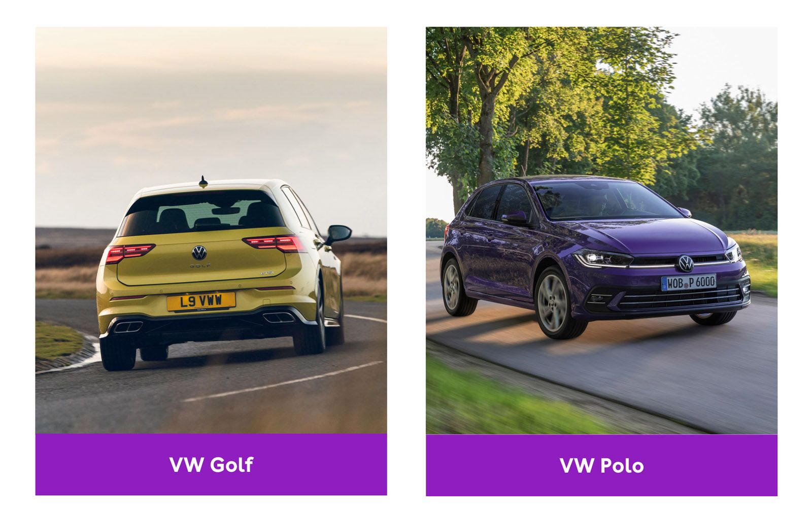 a yellow vw golf and purple vw polo driving