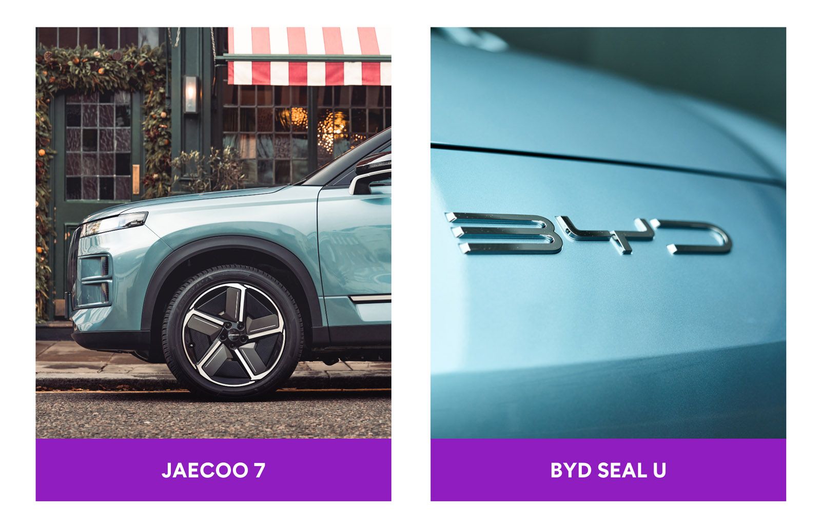 Split image: Left shows side of a Jaecco 7 car with a red-striped awning in the background; right shows a close-up of a BYD Seal U logo.