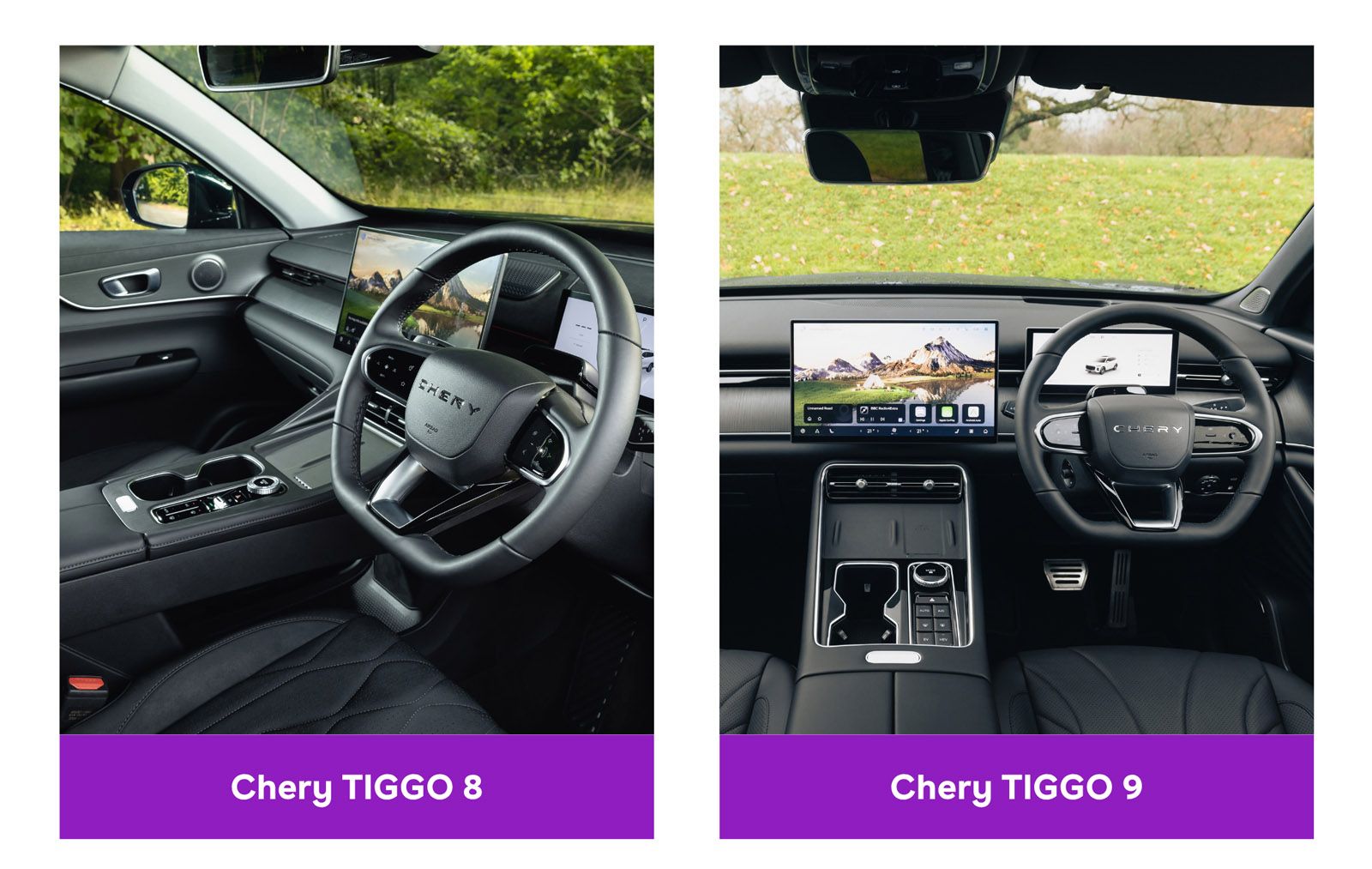 Side-by-side interiors of Chery TIGGO 8 and TIGGO 9, showcasing sleek dashboards, modern screens, and steering wheels, with outdoor backgrounds.