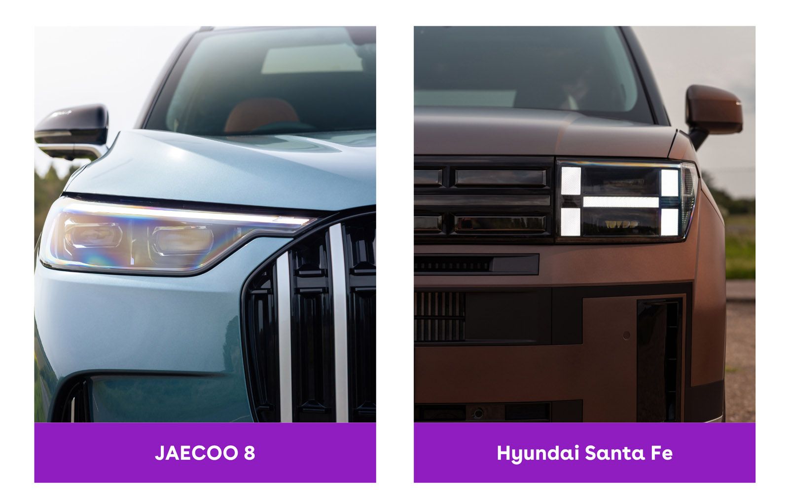 Close-up of two car front ends: left, JaeCoo 8 with sleek headlights; right, Hyundai Santa Fe with boxy LED lights.