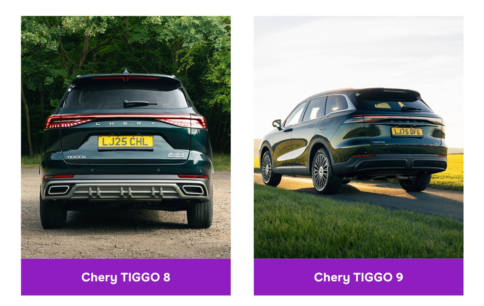 Two images show the rear views of Chery TIGGO 8 and TIGGO 9 SUVs, both in green, with license plates and "Plug-in Hybrid" labels.