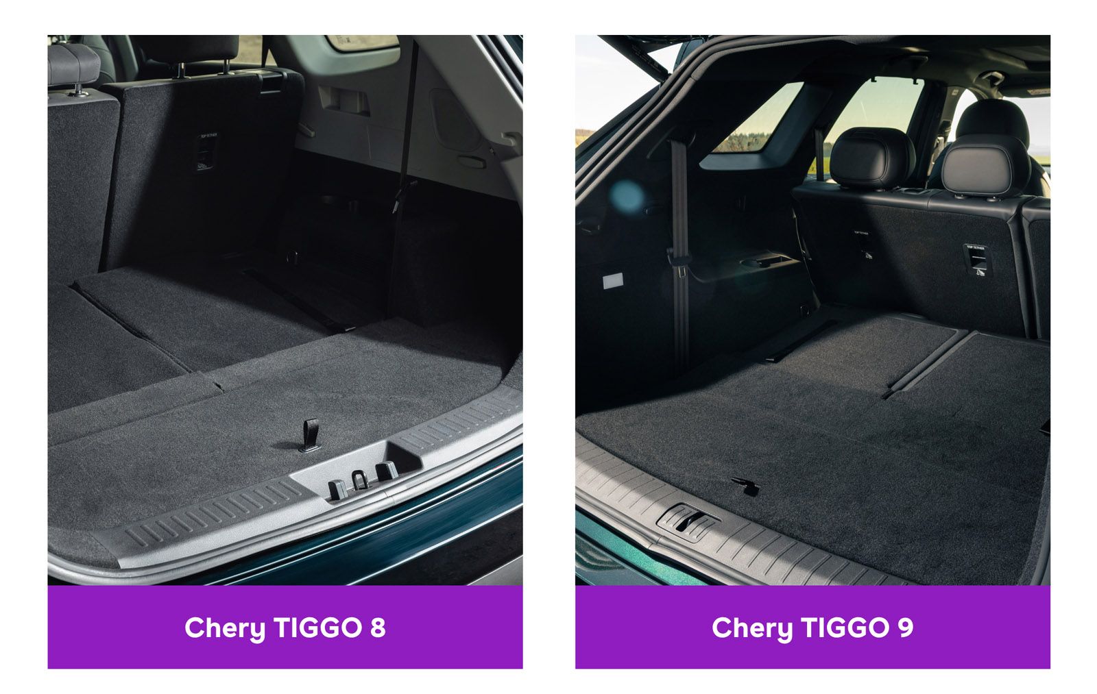The image shows the trunk space comparison of the Chery Tiggo 8 and Tiggo 9, both with seats folded, under bright lighting.