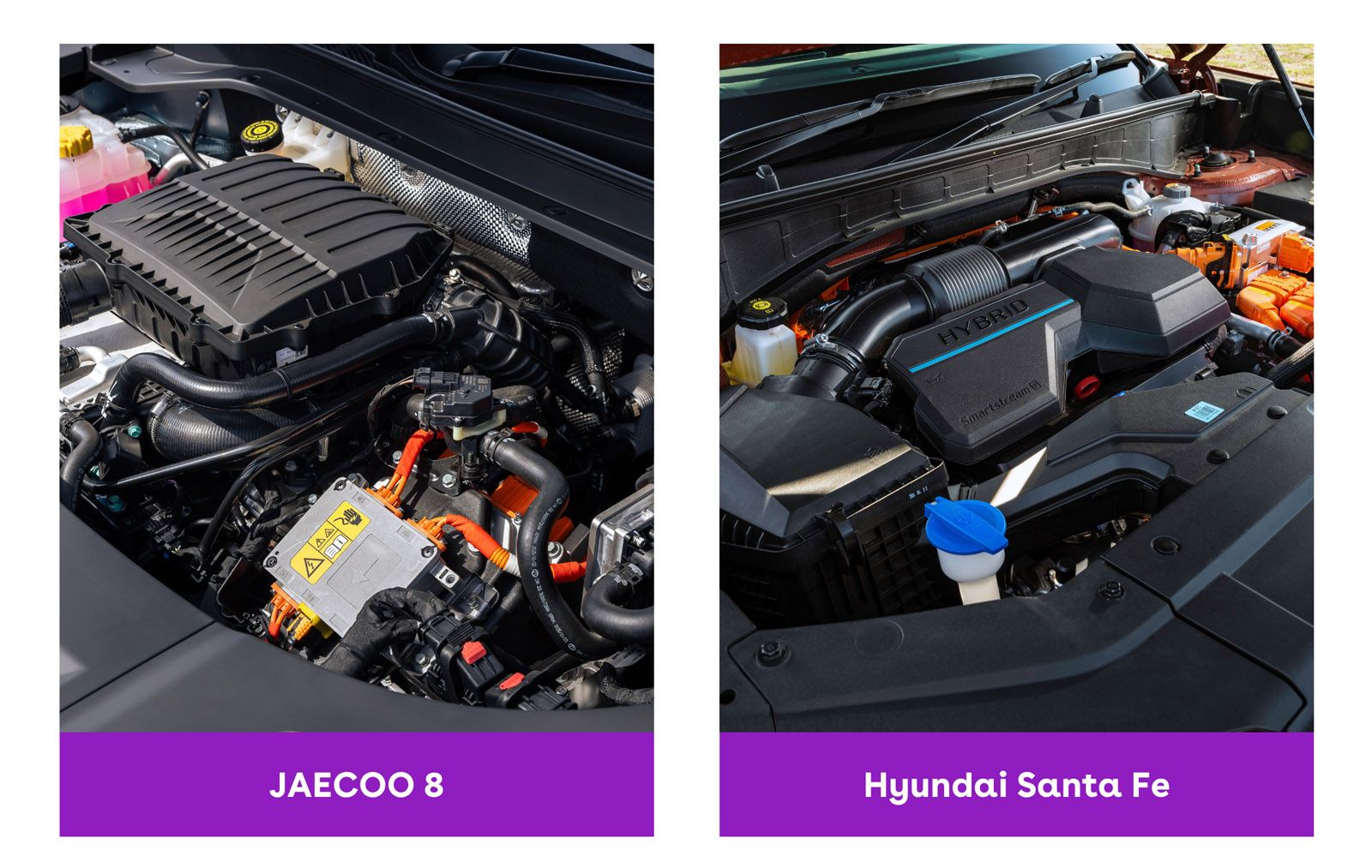 Side-by-side view of Jaecoo 8 and Hyundai Santa Fe engine compartments, highlighting mechanical components and wiring.