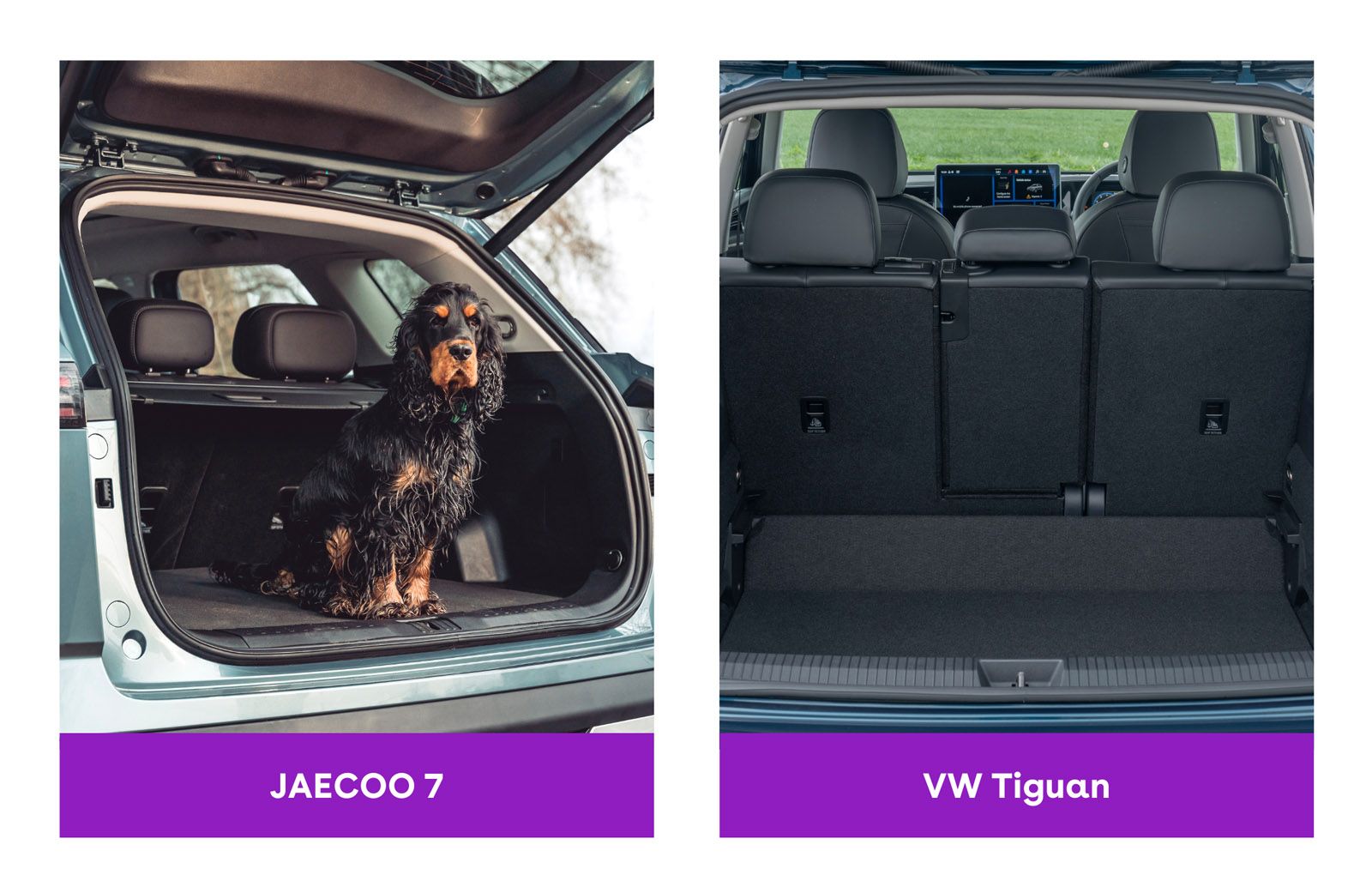 Split image: Left shows a dog sitting in the trunk of a JAECOO 7; right shows the spacious trunk of a VW Tiguan with seats upright.