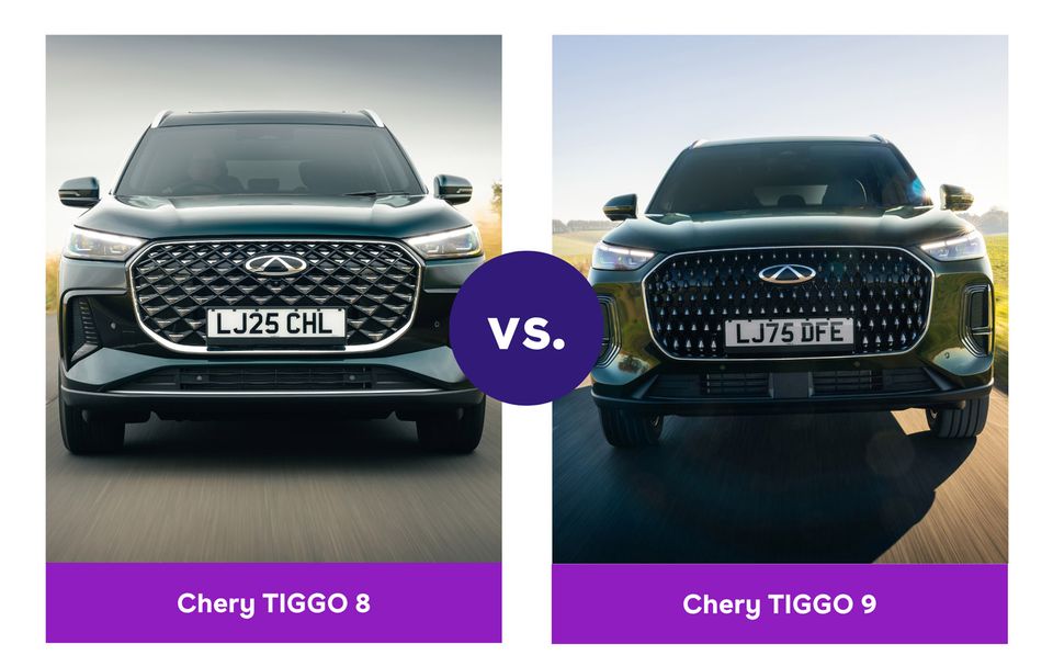 Two SUVs face forward: Chery TIGGO 8 on the left, Chery TIGGO 9 on the right, with "vs." text in the center.