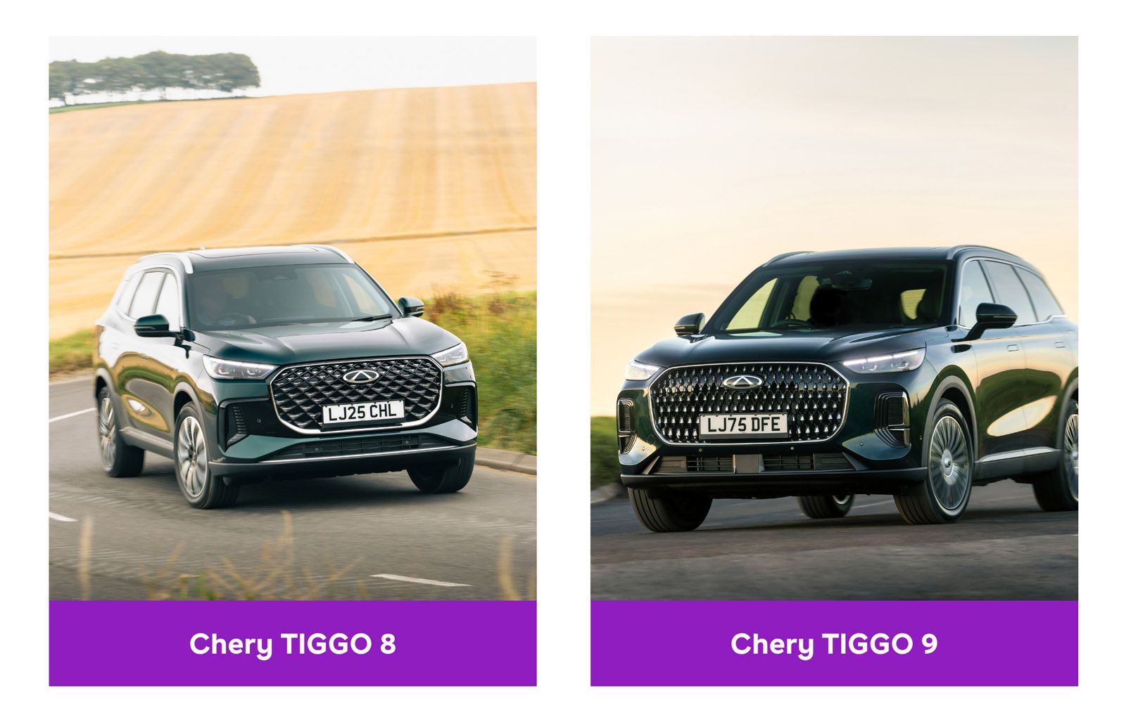 Side-by-side images of Chery TIGGO 8 and TIGGO 9 SUVs, with distinct front grilles, driving along scenic rural roads.