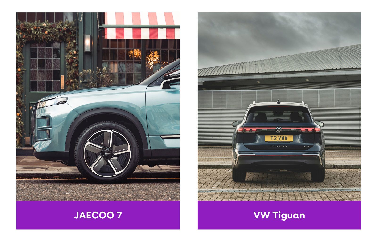 Side view of a blue Jaecco 7 and rear view of a VW Tiguan parked on a street with a building and vibrant awning in the background.
