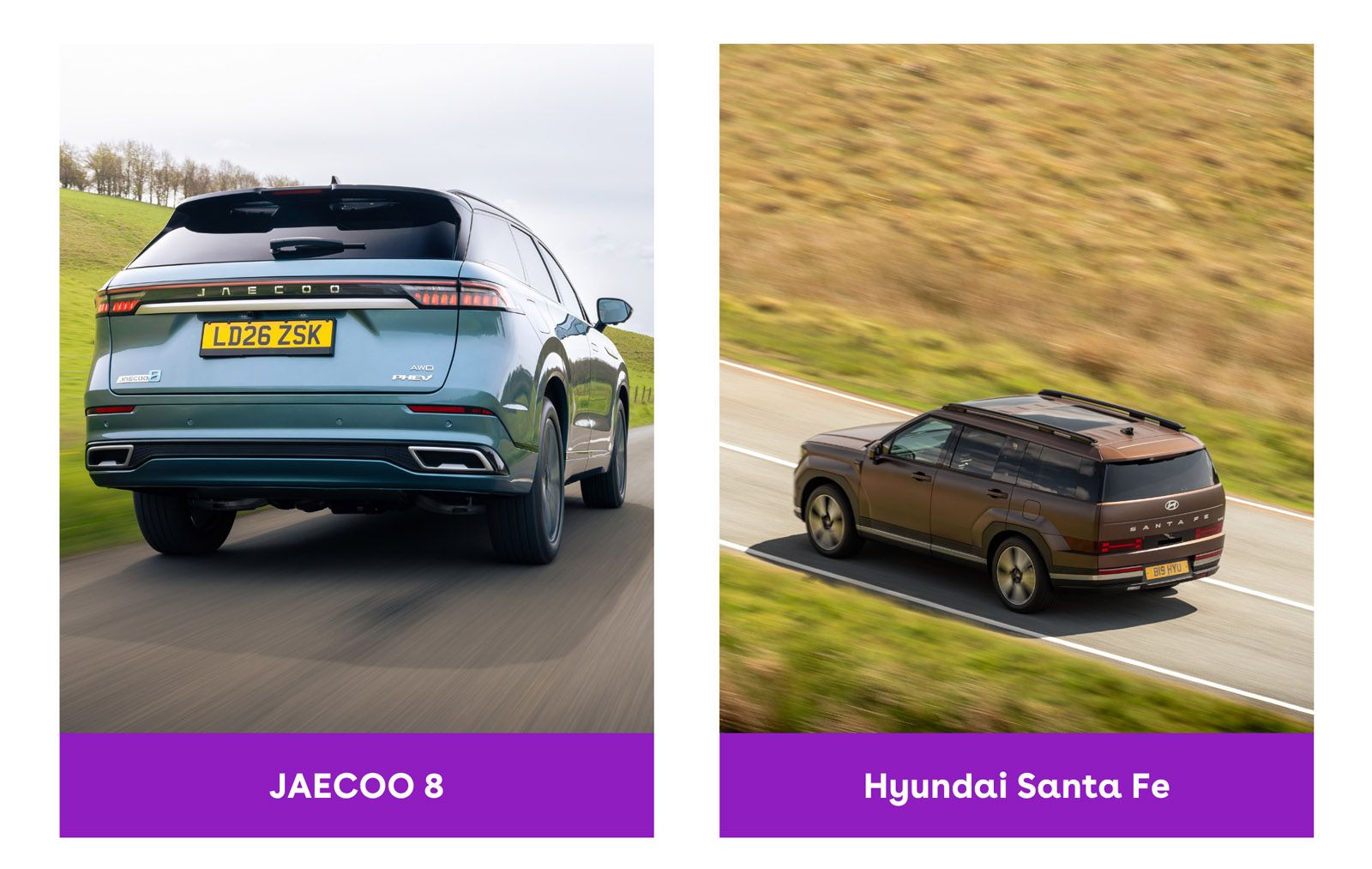 Two SUVs driving on roads: Jaecoo 8 in green on the left, and Hyundai Santa Fe in brown on the right, both set in scenic surroundings.