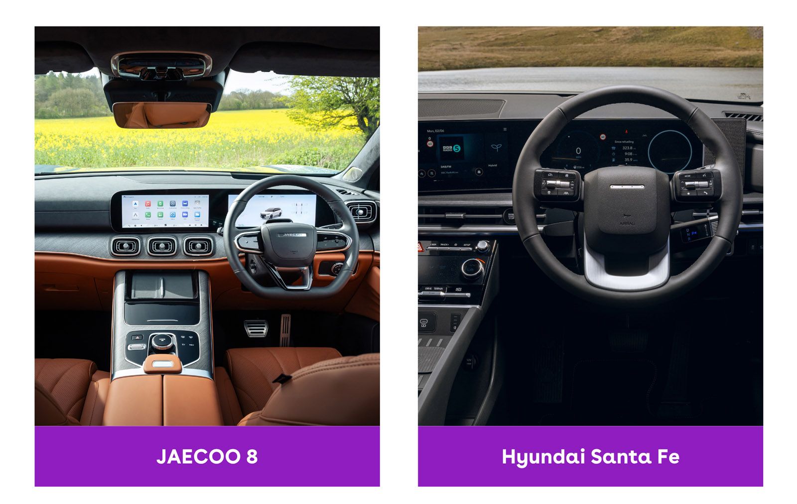Side-by-side comparison of JaeCoo 8 and Hyundai Santa Fe steering wheels and dashboards in a car interior setting.