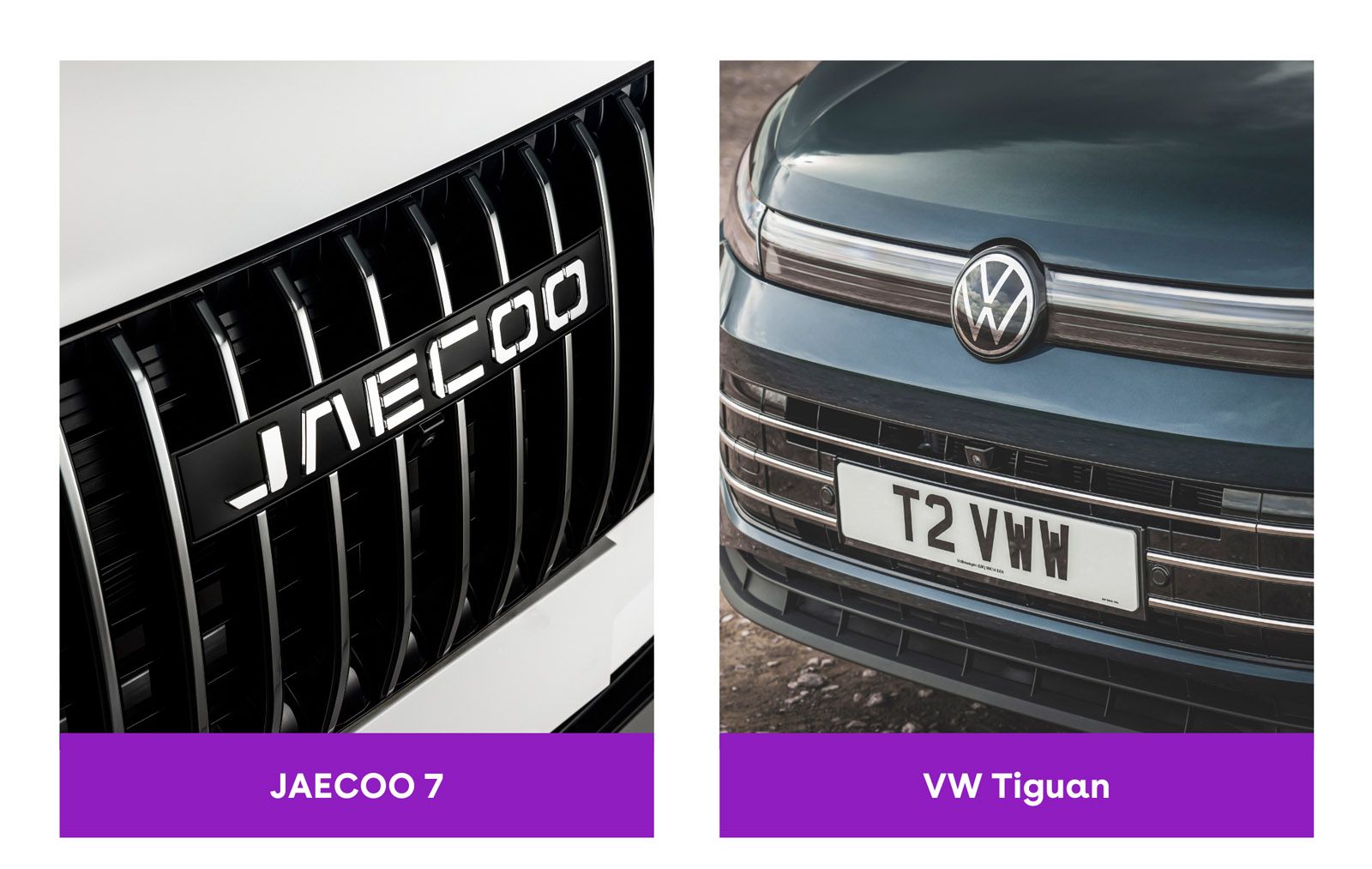 Close-up of a JAECOO 7 grille on the left and a VW Tiguan grille with a T2 VWW license plate on the right, both with purple labels.