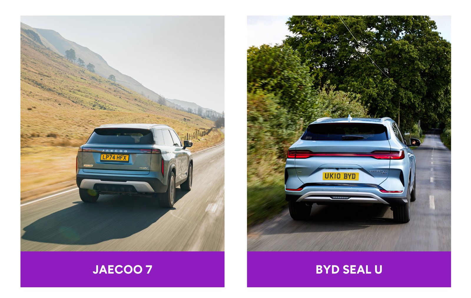 Two SUVs driving on scenic roads; one with mountains, and the other with trees. Text below images: "Jaecoo 7" and "BYD Seal U".