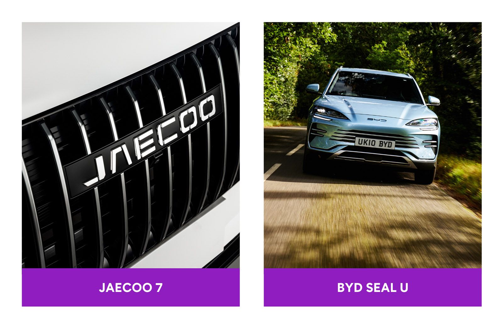 Close-up of Jaecco 7 grille and frontal view of BYD Seal U SUV driving on a tree-lined road.