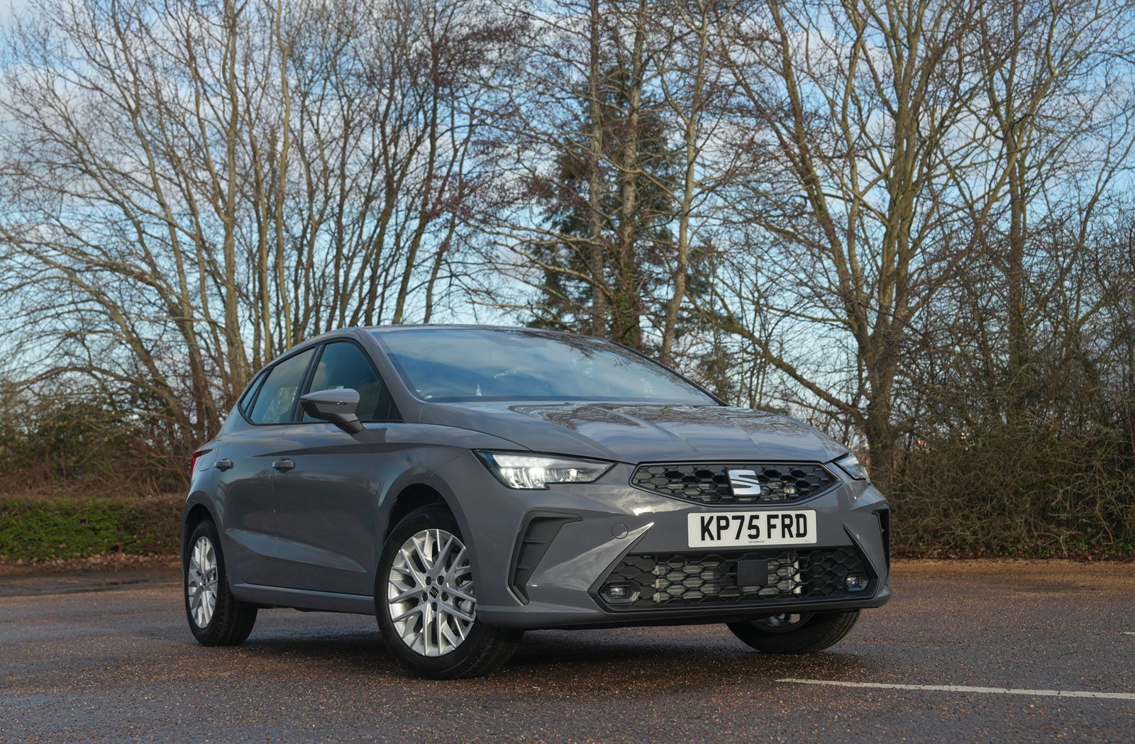 A grey hatchback car parked on a wet road, with trees in the background under an overcast sky.