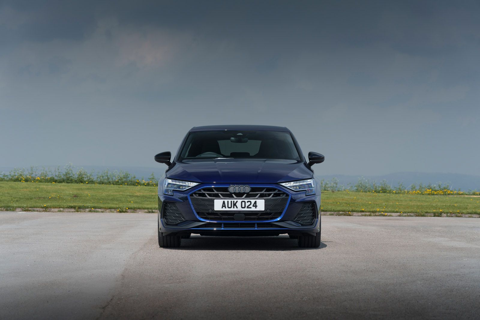 Front view of a blue Audi parked on a road, surrounded by greenery and a cloudy sky in the background.