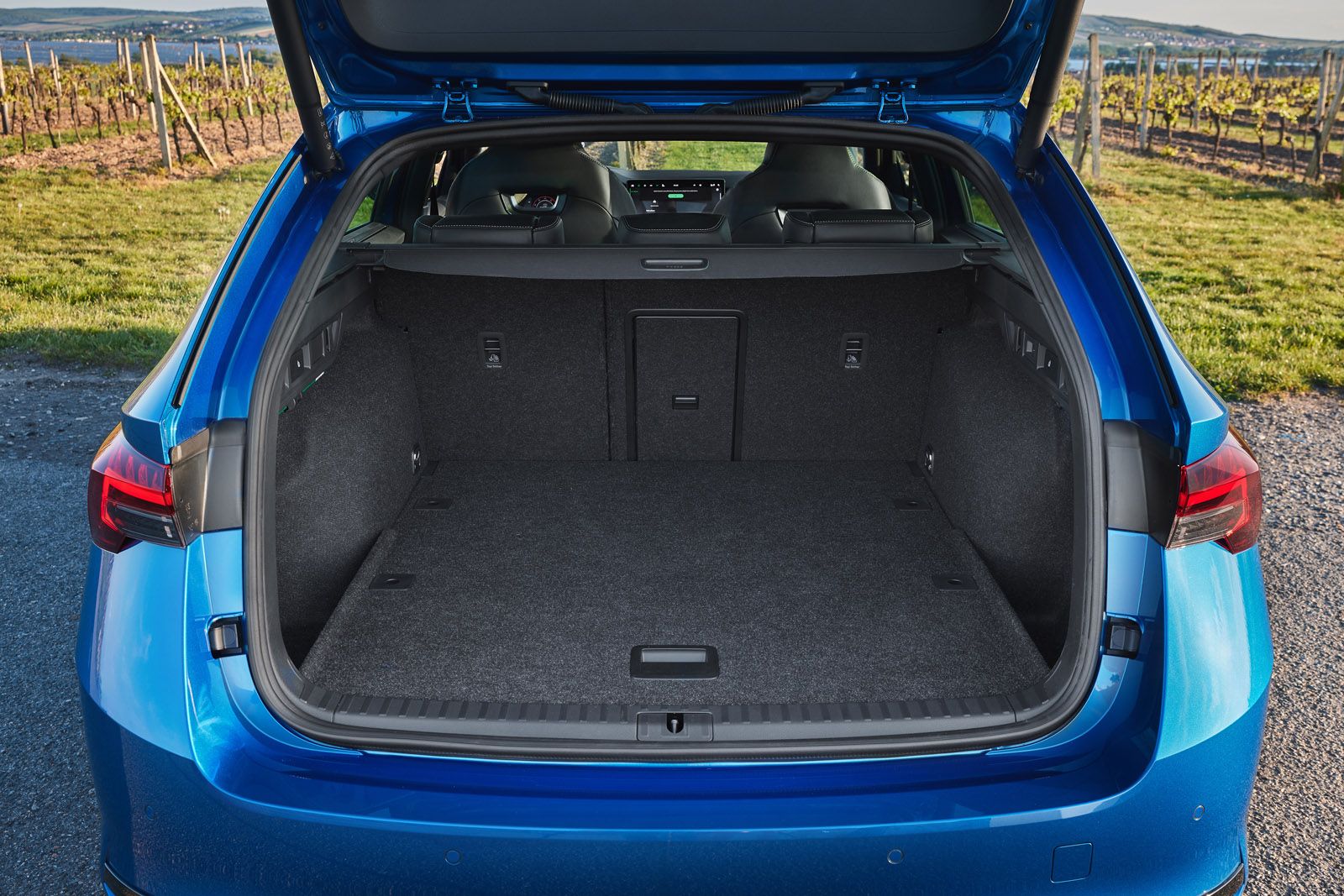 Open trunk of a blue car showing spacious interior with folded seats, parked near a vineyard under a clear sky.