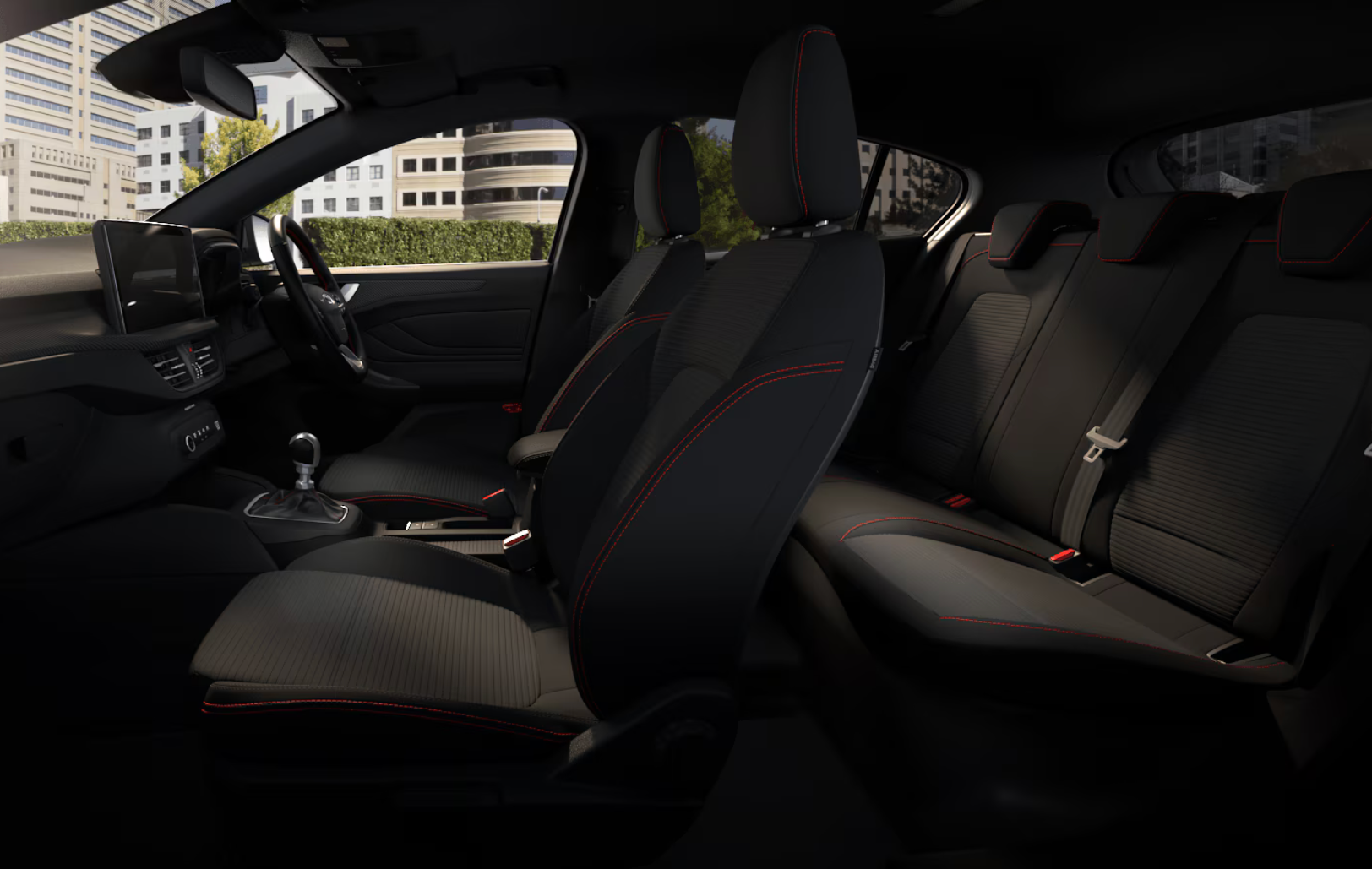 Ford Focus interior finished in Cloth trim in Black with red stitching