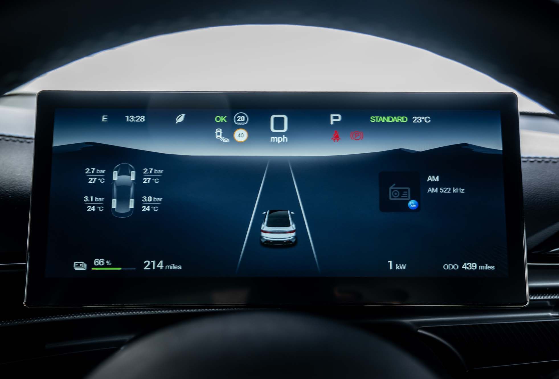 BYD SEAL dashboard display showing tyre pressure, temperature, speed at 0 mph, battery at 66%, range 214 miles, and AM radio frequency.