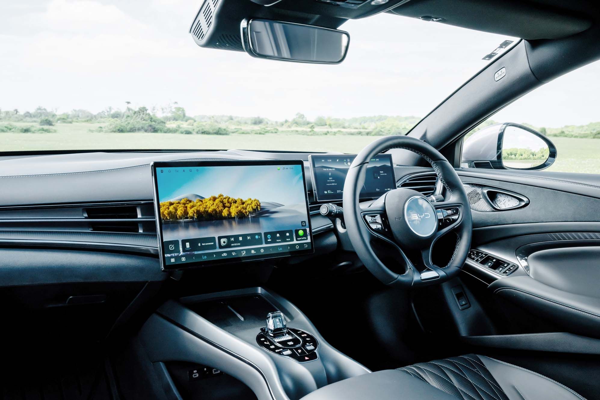 BYD SEAL interior with a digital dashboard, large central touchscreen, and sleek steering wheel, set against a grassy landscape.