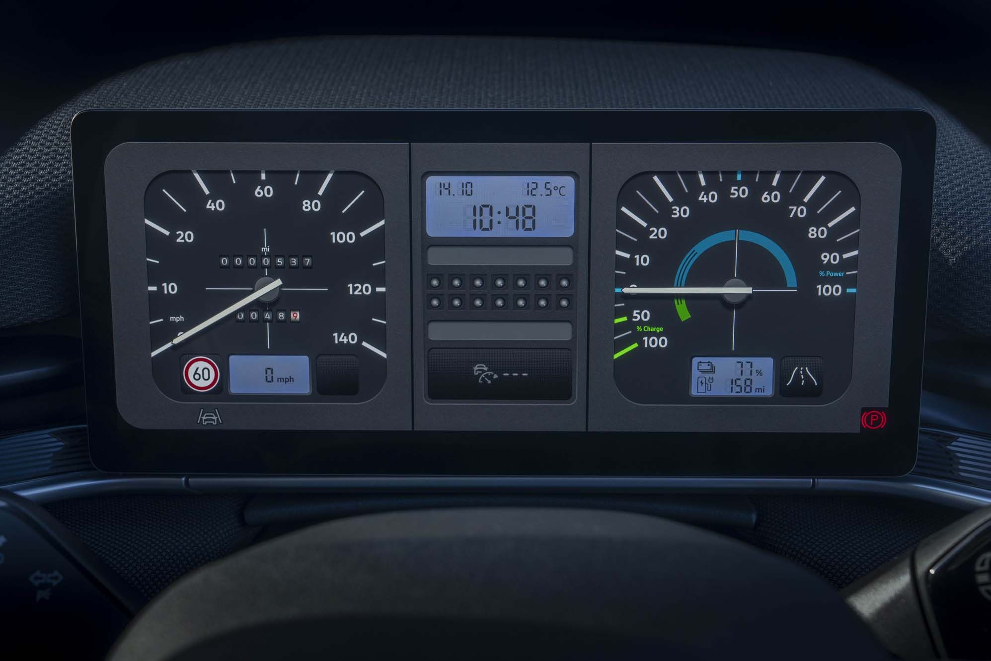 Close-up of a VW ID. Polo dashboard displaying speedometers, a clock showing 10:48, and a battery charge indicator at 77%.
