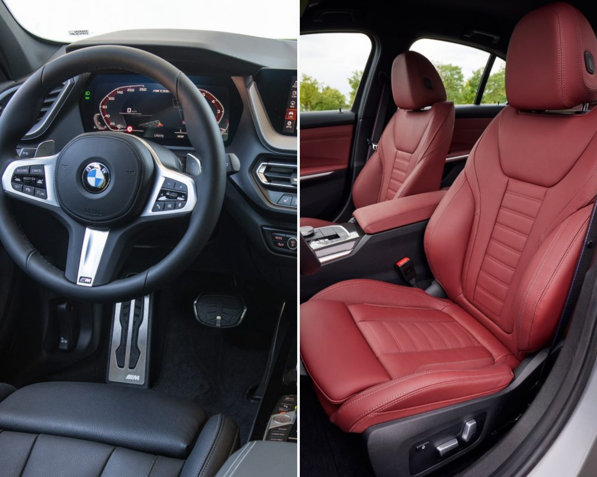 A comparison showing the BMW 1 Series steering wheel and the BMW 3 Series red leather seats