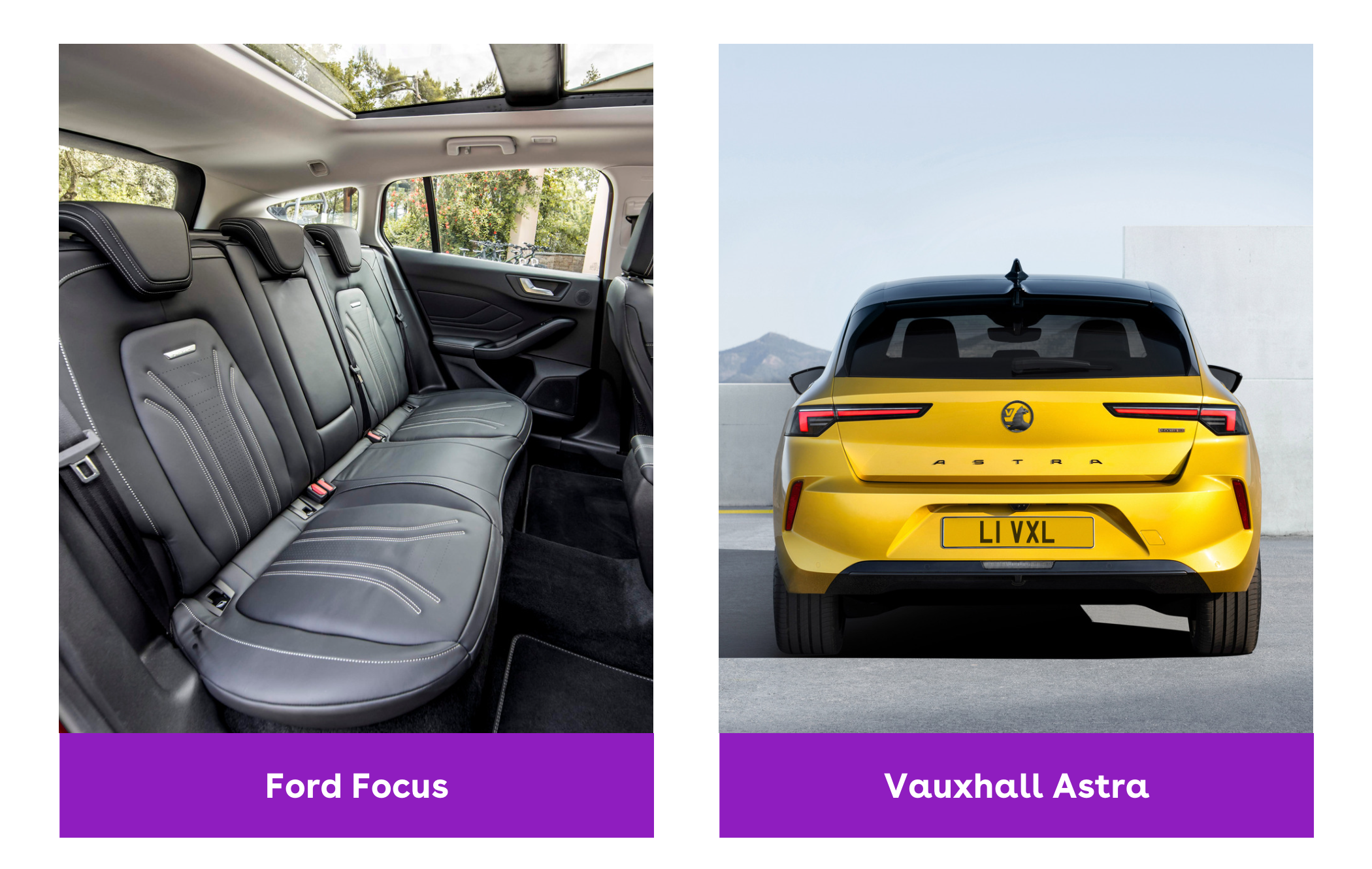 on the left is a Ford Focus rear seats and on the right is the rear of a Vauxhall Astra