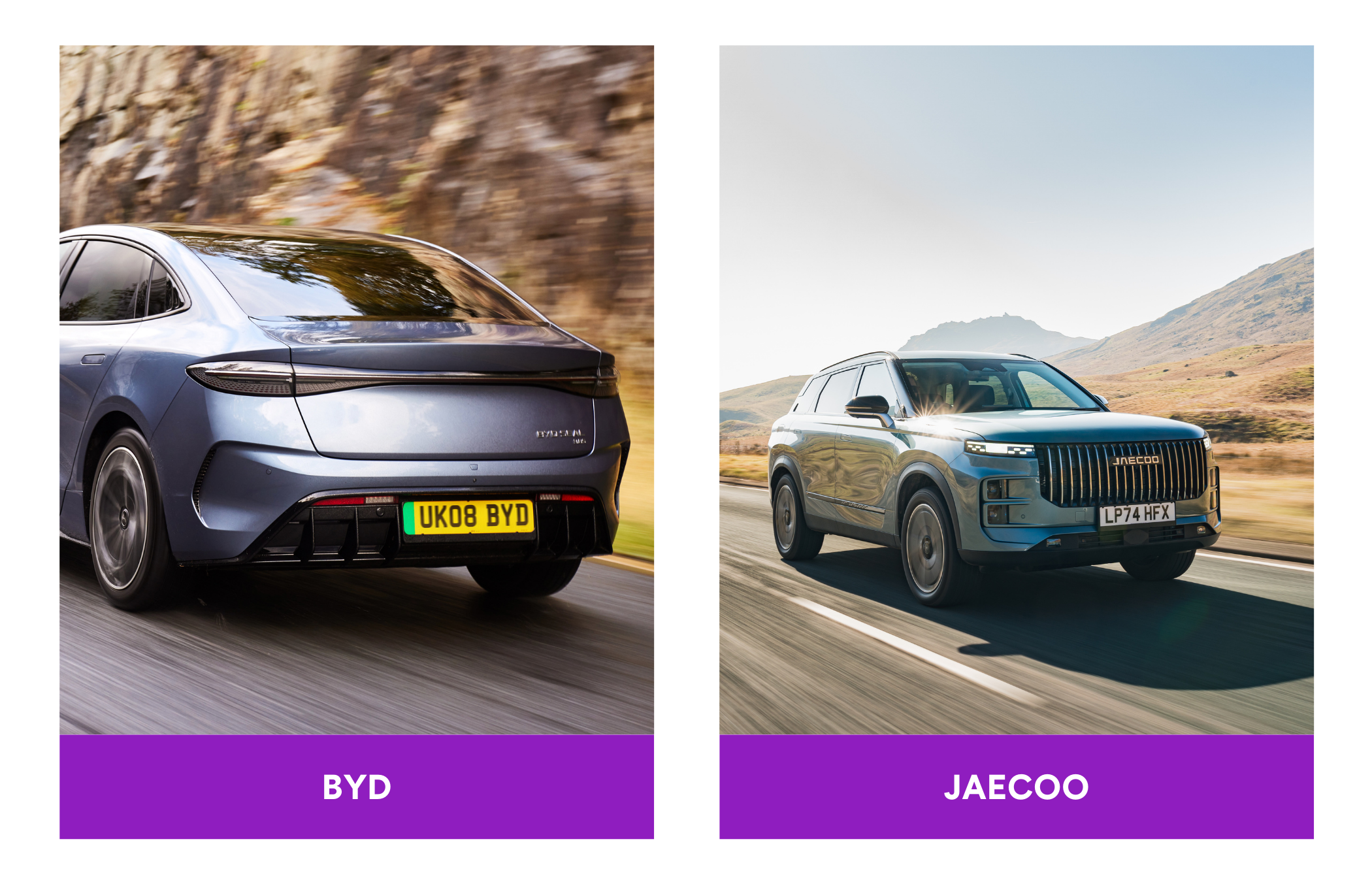 Two cars driving on roads: a blue BYD on the left and a silver Jaecoo on the right, with scenic backgrounds.