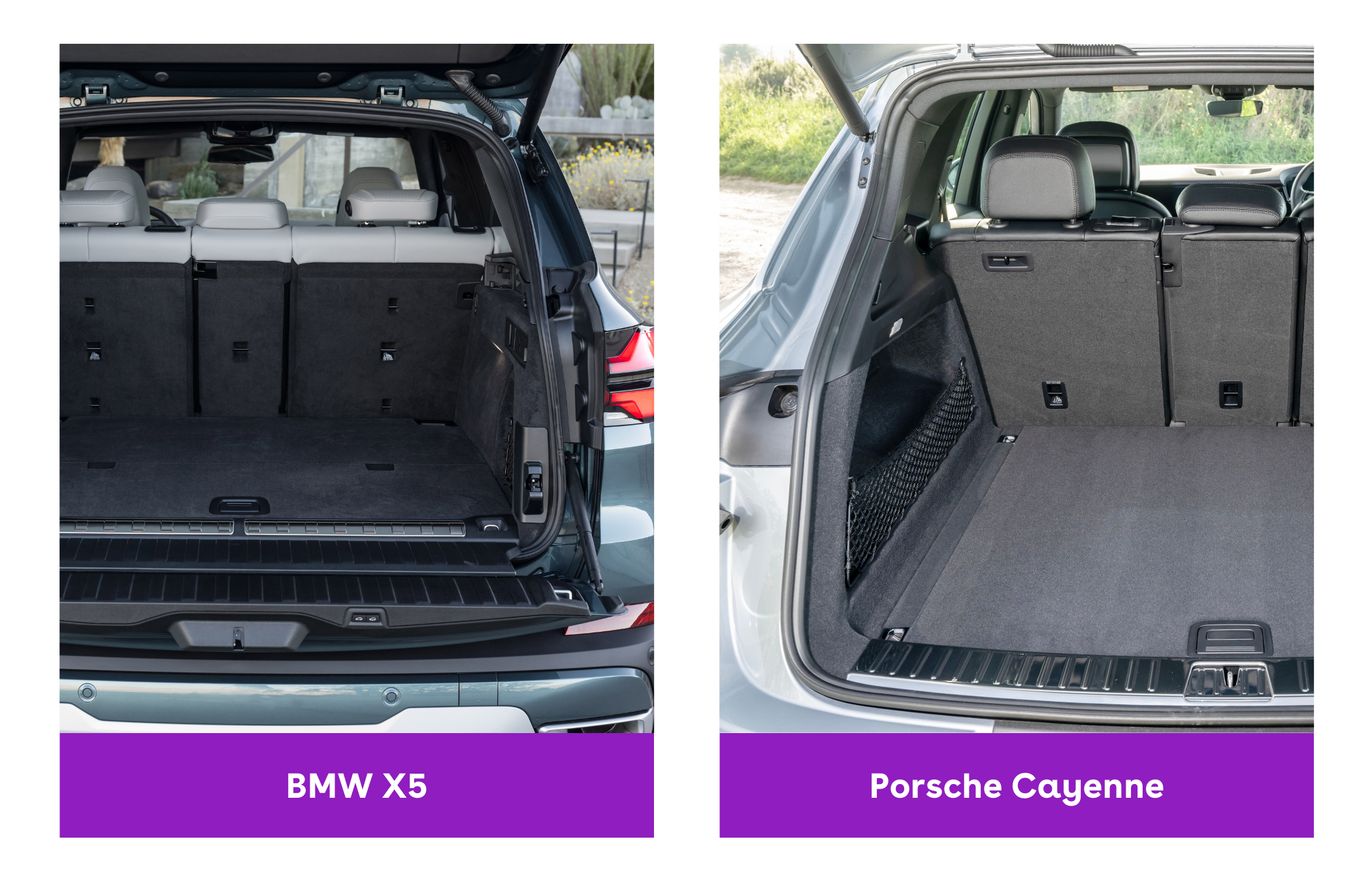 Side-by-side view of BMW X5 and Porsche Cayenne with boots open