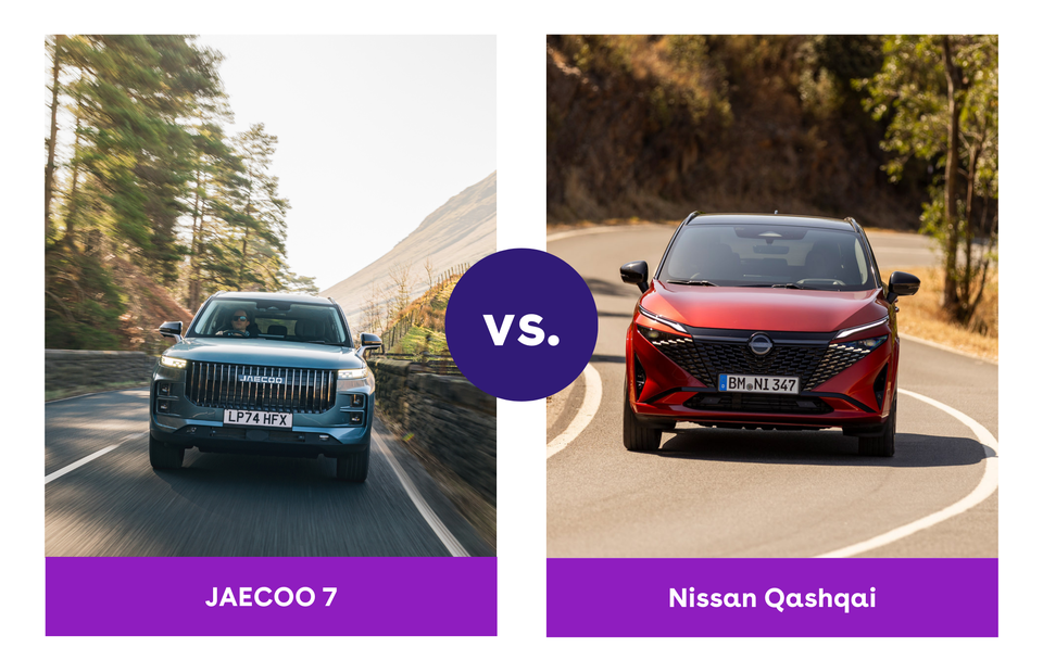 Split image comparing JAECOO 7 and Nissan Qashqai on curvy roads, with "VS" graphic in the center.